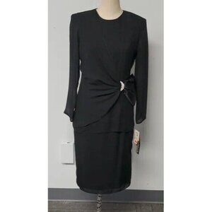 NWT 80's Vibe Nicole Paris Black Dress Long Sleeve Side Drape Bow Crystal Accent